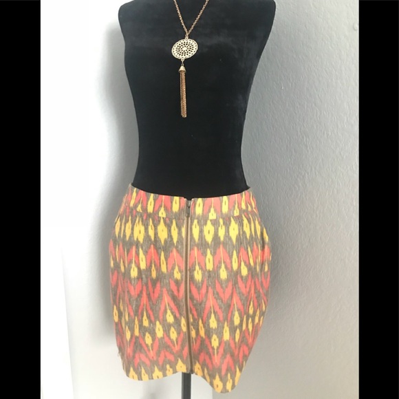 Ladakh Mini Skirt Yellow Orange Print Zip Front Junior Large Fall NEW College - Picture 4 of 9